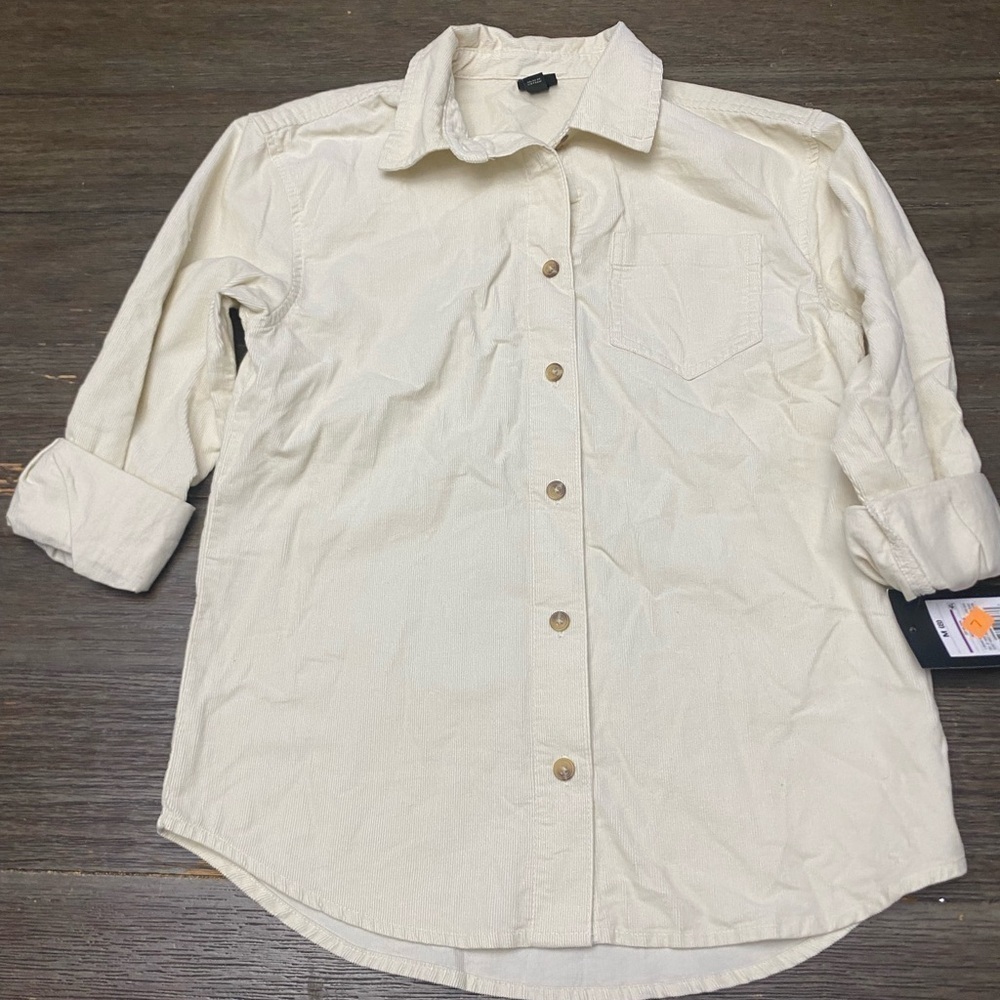 Art Class Shirt Jacket Shacket tan roll tab sleeve button front M (8)